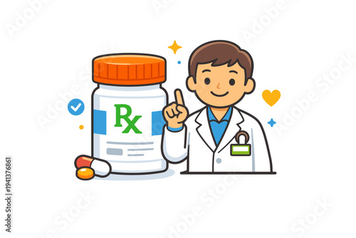 Pharmacist pill bottle illustrated as a clean medicine container paired with a friendly pharmacist figure, conveying safety, trust and responsible medication