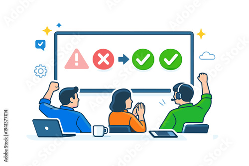 IT outage crisis room recovery moment suggested by warning icons fading into checkmarks on a main screen, expressing resolution relief and restored system