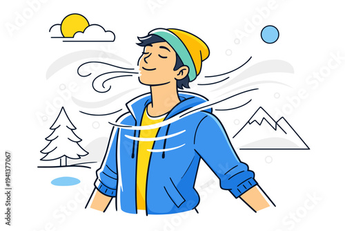 Crisp Air. Person breathing deeply outdoors, light motion lines around face and chest. Fresh, energizing mood with subtle wind curves and floating dots