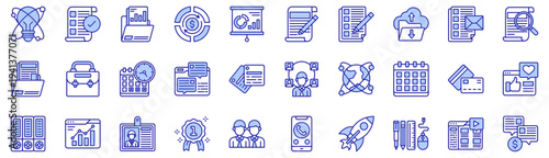 Business purple style icons collection. Vector illustrations. Idea, Feature, Project, Revenue, Business analyst, Content. Pro Vectors.	