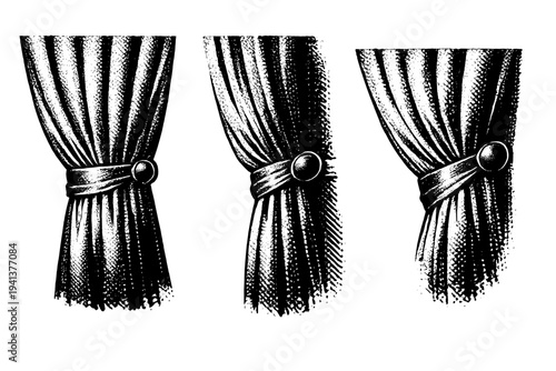 Window curtain tied back A realistic window curtain partially gathered with tieback shown in three views: front gathered view, side depth view, and angled