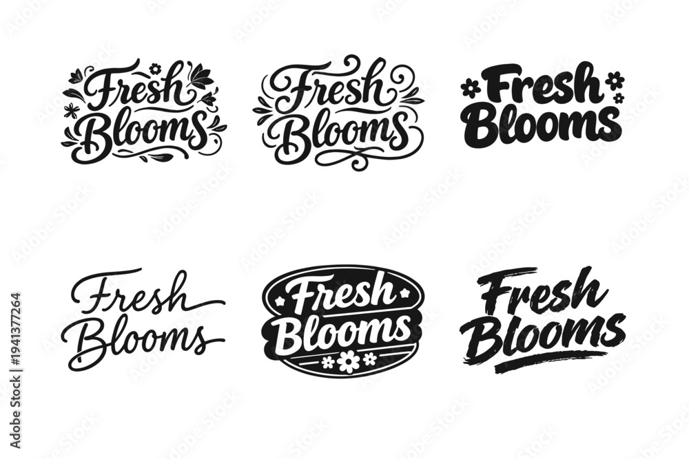 Fototapeta premium Fresh Blooms. Set lettering. harmonious lettering variations of the same emblematic concept, each with different artistic interpretation (Decorative floral or