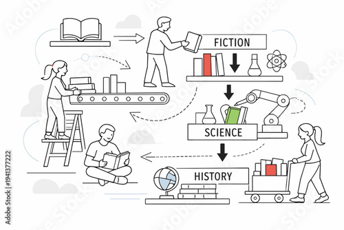 Bookshelf Sorting Concept. Abstract bookshelf with books moving into labeled sections like fiction, science, and history, arrows guiding motion. Thoughtful,
