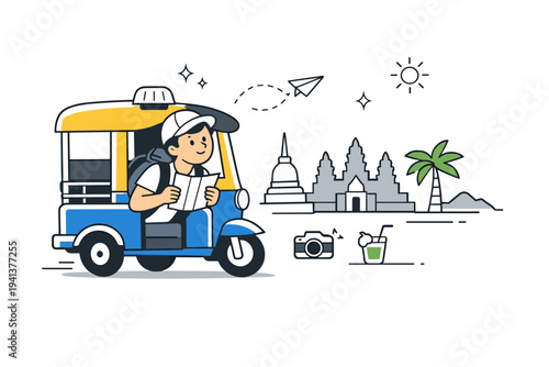 Tourist experience in tuk-tuk. A person looking out from a tuk-tuk with curiosity, holding a phone or map, simple landmarks hinted nearby. The scene suggests