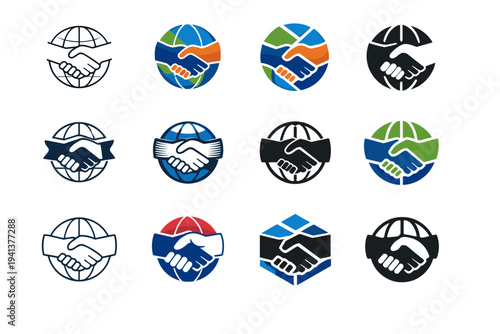 The impact of tariffs and trade policies on global commerce. Icon set. Set Logo of the impact of tariffs and trade policies on global commerce: handshake over