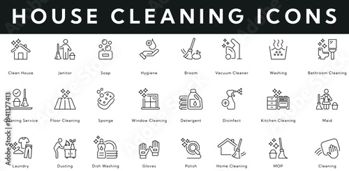 House Cleaning icon collection contains soap, hygiene, broom, vacuum cleaner, washing, polish, dusting, laundry, maid, detergent, sponge, disinfect, mop. Editable stroke vector illustration icon set