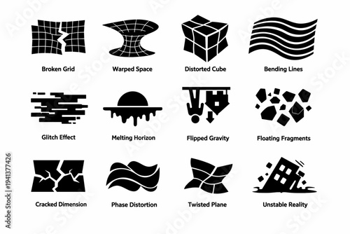 Reality Shift. Solid icon set of Reality Shift: broken grid, warped space, distorted cube, bending lines, glitch effect, melting horizon, flipped gravity,