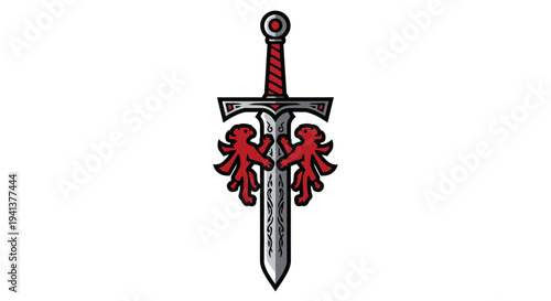 Medieval Heraldry Symbol with Sword and Lions, Vintage Design Element
