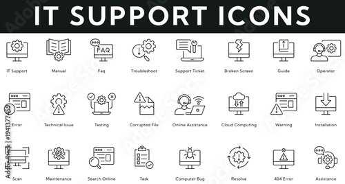 IT support icon collection contains manual, troubleshoot, guide, operator, testing, error, assistance, resolve, bug, task, maintenance, scan, installation. Editable stroke vector illustration icon set