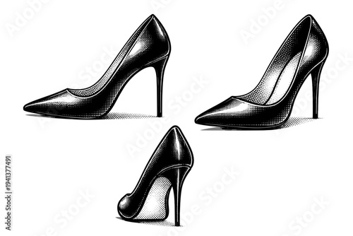 Shoes ? realistic high-heeled shoe with elegant silhouette and narrow heel. Black and white dot style with halftone texture and high contrast. Halftone texture