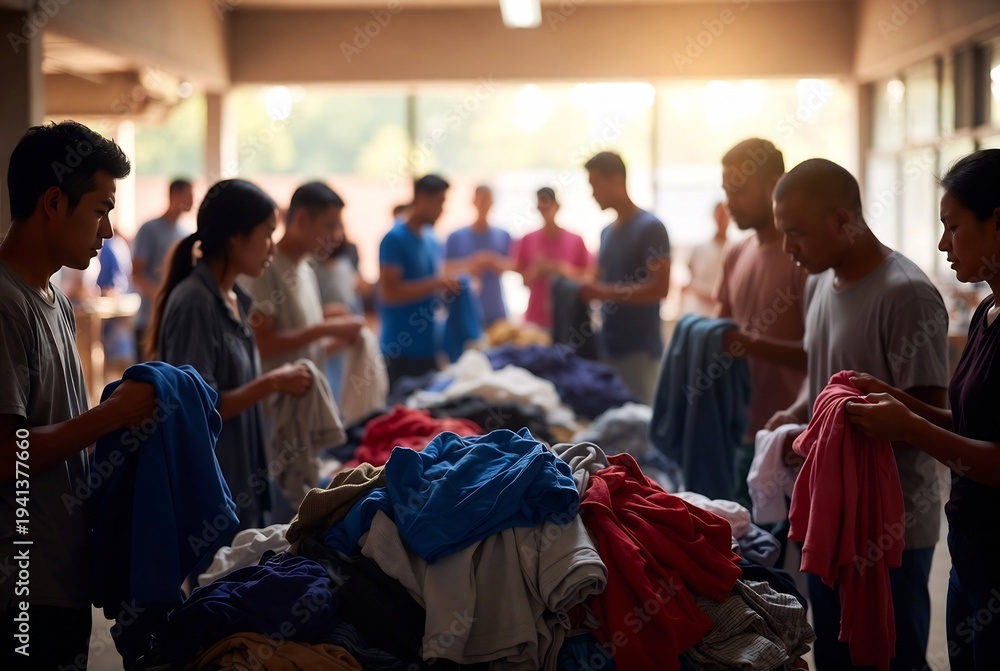 Fototapeta premium People are sorting and handling colorful fabrics in a textile market. It’s set in an open-air market with diffused sunlight.