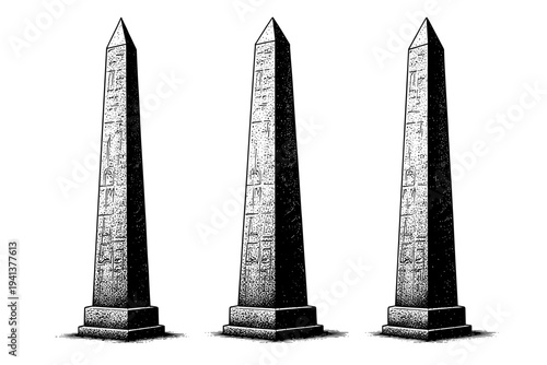 Obelisk ? A tall ancient obelisk shown as the same object in three different views, emphasizing tapering shaft, pointed apex, and solid monolithic proportions