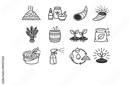 Biodynamic Preparations. Line icon set of Biodynamic Preparations: compost heap, herbal preparation, horn manure symbol, horn silica symbol, medicinal plants