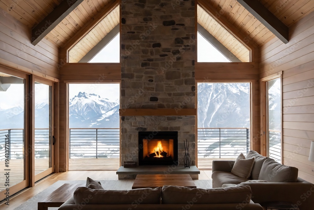 Fototapeta premium A luxurious living room with a stone fireplace, offering views of snowy mountains.