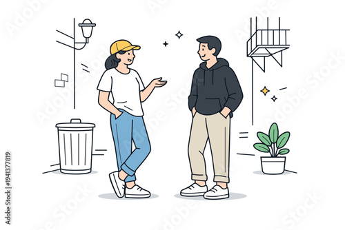 Meeting in an alley. Two people casually talking in a quiet alley, simple gestures and friendly body language, with minimal urban details around. The