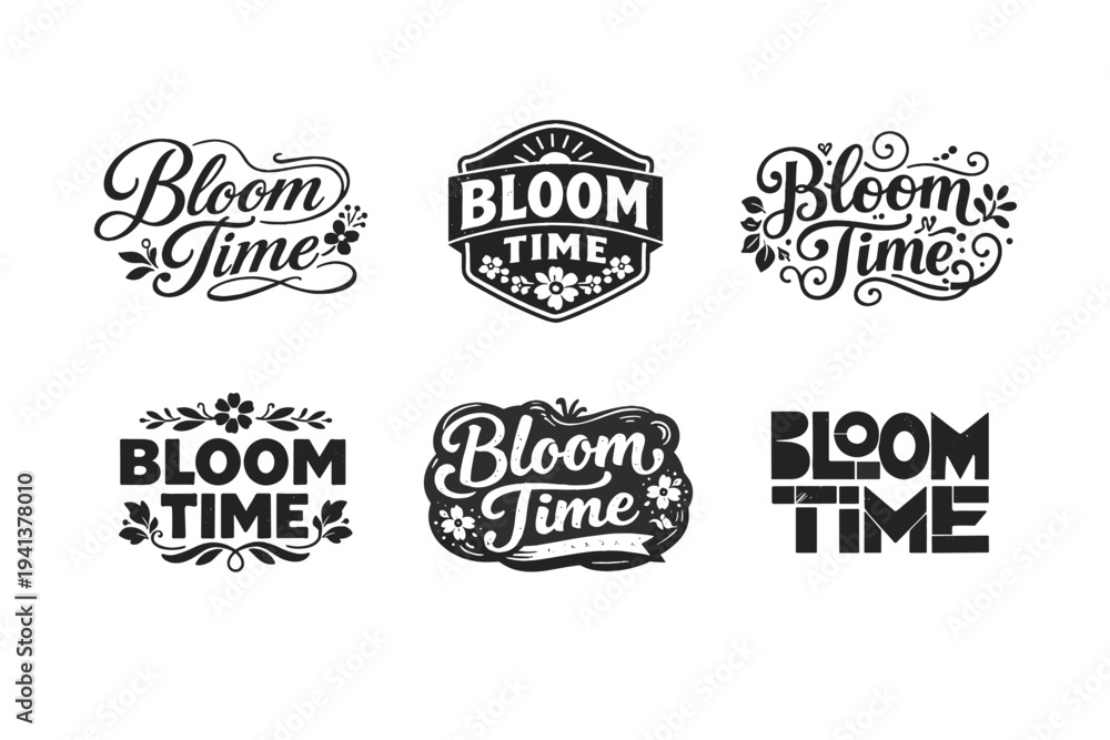 Obraz premium Bloom Time. Set lettering. harmonious lettering variations of the same emblematic concept, each with different artistic interpretation (Elegant script with