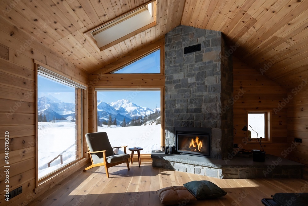 Fototapeta premium Interior of a cozy chalet with a fireplace, offering views of snowy mountains.
