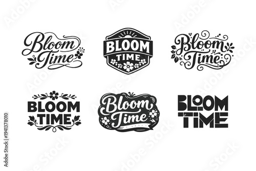 Bloom Time. Set lettering. harmonious lettering variations of the same emblematic concept, each with different artistic interpretation (Elegant script with