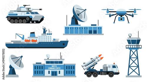 Military Surveillance Icons – Defense and Communication Systems