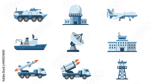 Military Surveillance Icons – Defense and Communication Systems