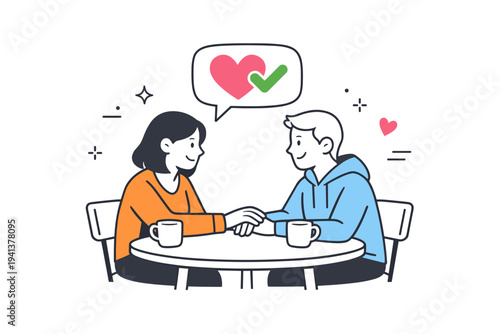 Support and recovery. Two friendly characters sitting at a small table exchanging supportive words, with a speech bubble showing a heart and check mark. The