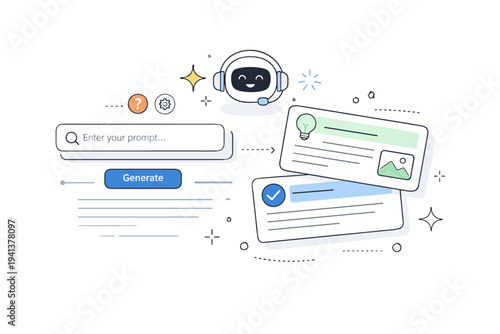 AI copilots interface elements. Abstract composition of prompt fields, response cards, and spark icons forming a helpful system. Visual metaphor for