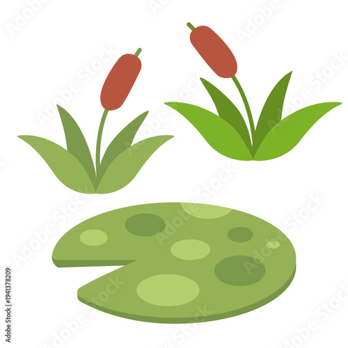 Green lily pads and reed plants. Flat vector water plants for kids nursery decor
