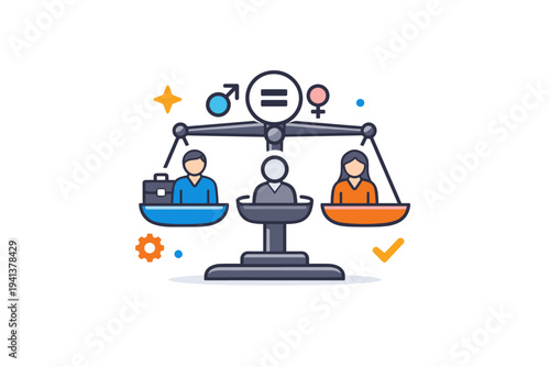 Gender equality in the workplace promoting balance and fair opportunities for all professionals. A balanced scale integrates subtle male, female, and neutral
