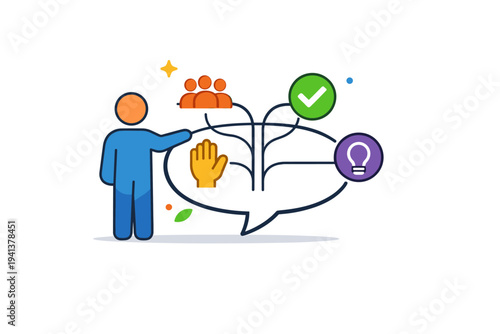 Inclusive leadership fostering belonging and equal voice in collaborative decision making. A guiding figure stands beside a shared speech bubble that branches