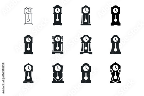 Antique clocks. Icon set. Set Logo of antique clocks: grandfather clock. harmonious logo variations of the same emblematic concept, each with different