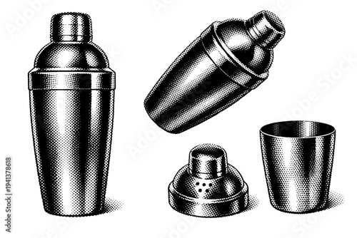 Cocktail shaker shown as a classic three-piece stainless steel shaker presented in upright front view, tilted three-quarter view, and separated top-and-bottom