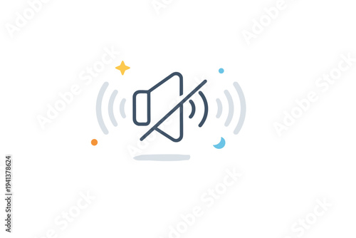 Minimal sound control elements visualized through a muted speaker symbol with gentle wave lines fading outward. The illustration conveys quiet mode, reduced