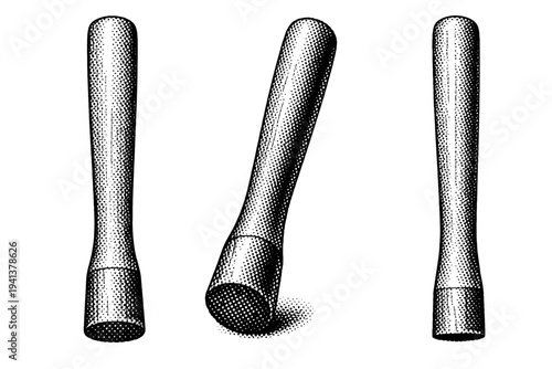 Muddler tool depicted as a solid wooden cocktail muddler shown in upright front view, angled perspective view, and side profile view emphasizing cylindrical