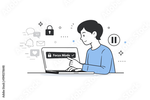Distraction blocking tools. Person activating focus mode on a laptop, distracting notifications fading away from the screen. Calm concentration with subtle