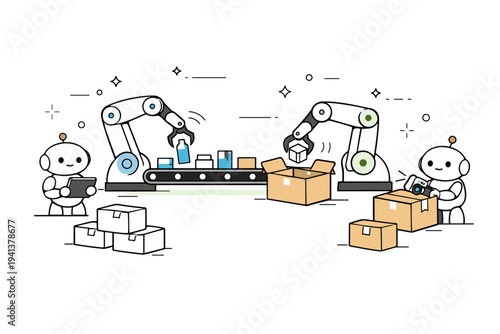 Automated picking and packing. Clean scene of robotic arms and simple robots selecting items and packing boxes, showing precision and reliability. Calm