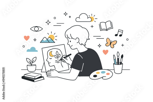 Art as a form of personal identity. A calm editorial scene of a person creating art that reflects their inner self, quiet self-expression and individuality,