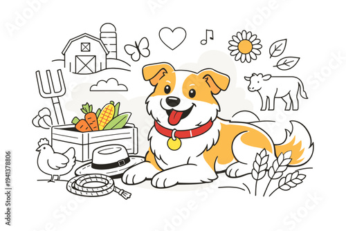 Country Life Dog. Friendly farm dog lying near tools and crops, collar gently highlighted as a key detail. Peaceful rural mood, simple forms, and floating