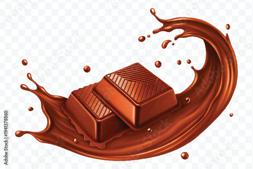 realistic 3d chocolate bar into liquid chocolate splash with bubbles in curve style isolated on transparent background