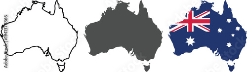 Minimalist Australia map icon set with outline, gray silhouette and Australian flag design showing continent and national symbol vector