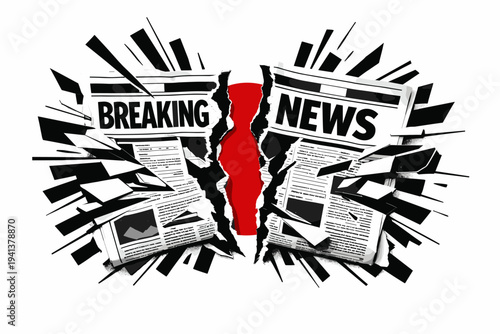Black and white comic-style newspaper front page breaking apart in the center, bold BREAKING NEWS headline implied through composition, dramatic red circle