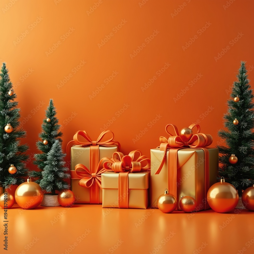 Obraz premium Christmas trees and golden gifts with orange ribbons on orange background. Festive holiday decorations with ornaments and presents. Empty space for text copy.