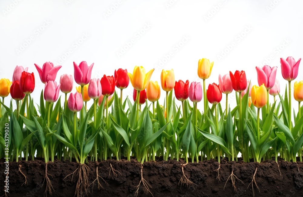 Fototapeta premium Colorful spring tulips grow from dark soil showing roots. Variety of red pink yellow blooms on green stems against white background. Floral nature background for spring season.