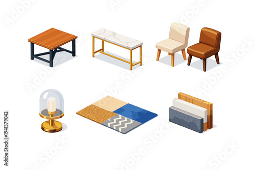 Material mix. Isometric flat vector icons set of Material mix: wood and metal table, marble top console, fabric and leather chair, glass and brass lamp,