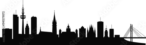 Black silhouette of Düsseldorf Germany city skyline with Rheinturm tower and Rheinkniebrücke bridge on white background for travel and architectural design projects