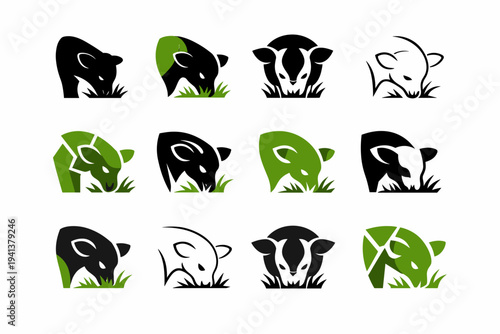 young calf grazing. Icon set. Set Logo of young calf grazing: calf head. harmonious logo variations of the same emblematic concept, each with different