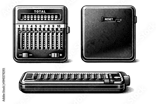 Mechanical Calculator ? compact pocket calculator. A compact mechanical pocket calculator with sliding controls and engraved markings illustrated as one object