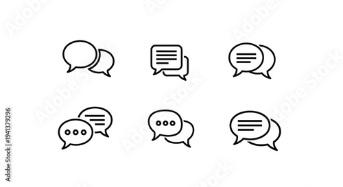 Collection of six stylized speech bubble icons in black and white