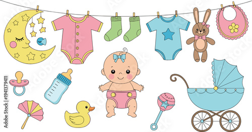 Cute baby shower vector set with newborn items, baby clothes, bottle, pacifier, stroller, duck toy and adorable infant cartoon elements collection