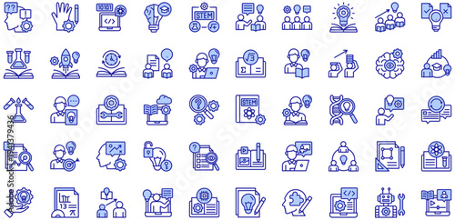 STEM purple style icons collection. Vector illustrations. Topic, Audience, Hiring, Sample, Group activity, Review, Qualitative study. Pro Vectors.	