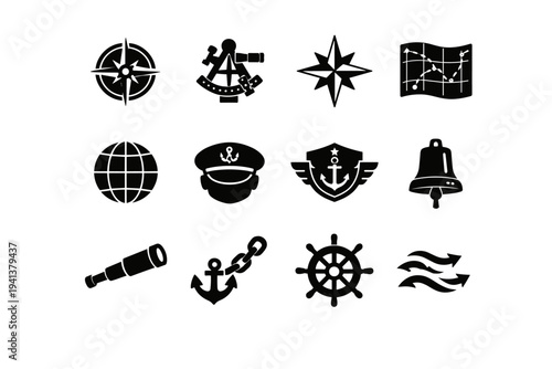 Maritime Symbols. Solid icon set of Maritime Symbols: compass, sextant, nautical star, map chart lines, latitude longitude grid, captain insignia, maritime